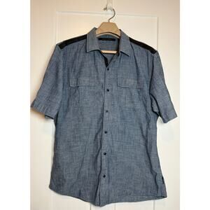 Sean John Chambray Shirt Men's 2XL Flap Pockets Short Sleeve Button Up Blue Jean